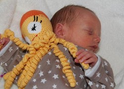 Te vroeg geboren baby met haar inktvisje. Foto: babydjungeln.se 